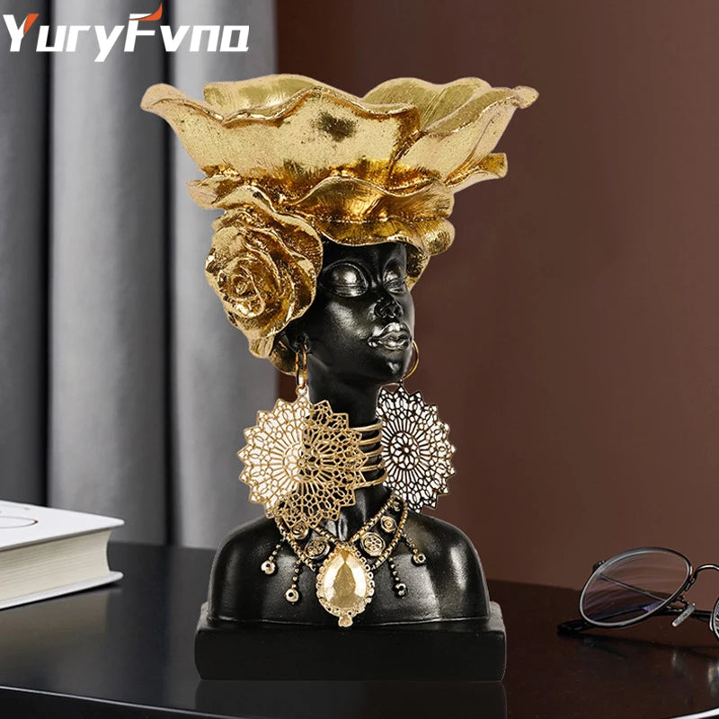 YuryFvna Resin Ethnic Style African Woman Figurines Creative Jewelry Box Interior Decoration Accessories Crafts Storage  Ornamen