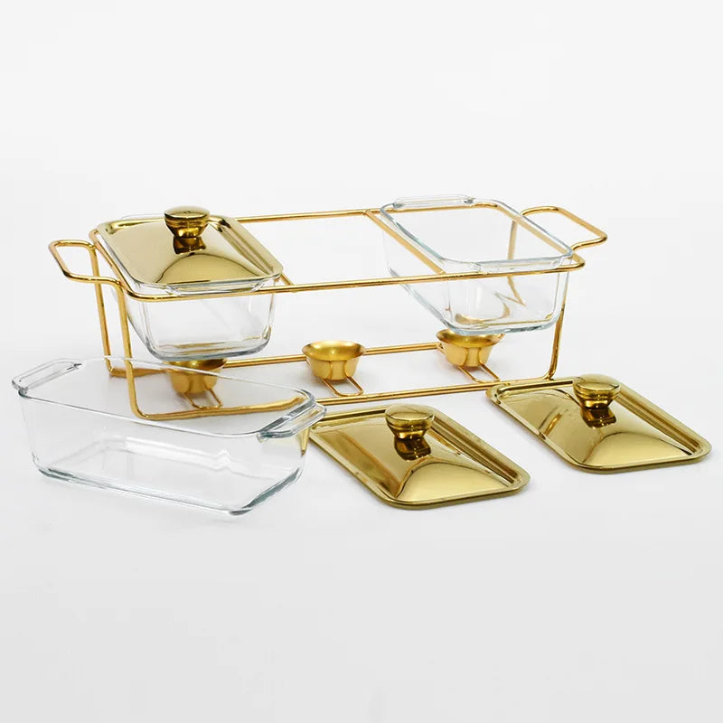 3 Grids 1.3/1.5L Luxury Glass Chafing Dish Hotel Serving Dish Gold Buffet Food Warmer Food Warmer Chafing Dishes Wedding Party