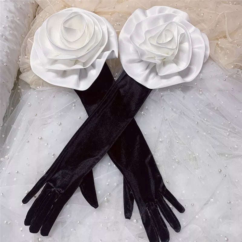 Elegant Long Black Velvet Glove with a lovely detachable Flower