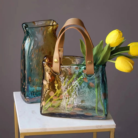 Nordic Luxury Glass Hand Bag Vase Creative Shopping Basket Flower Vase Dried Flower Arrangement Vases Home Decor Ornaments