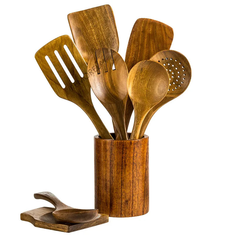 9PCS Wooden Spoons For Cooking, Wooden Utensils For Cooking With Utensils Holder, Teak Wooden Kitchen Utensils Set