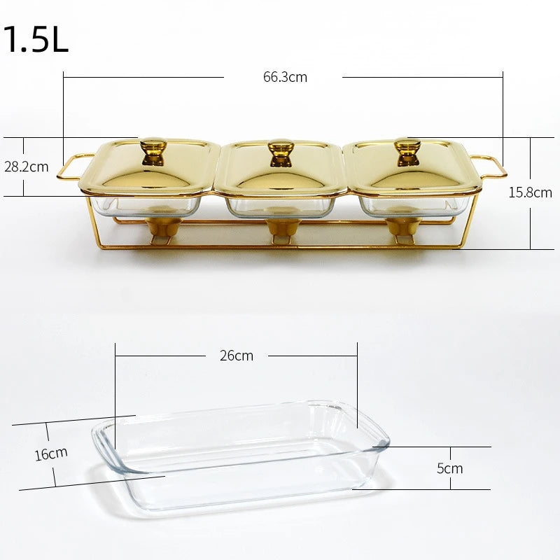 3 Grids 1.3/1.5L Luxury Glass Chafing Dish Hotel Serving Dish Gold Buffet Food Warmer Food Warmer Chafing Dishes Wedding Party