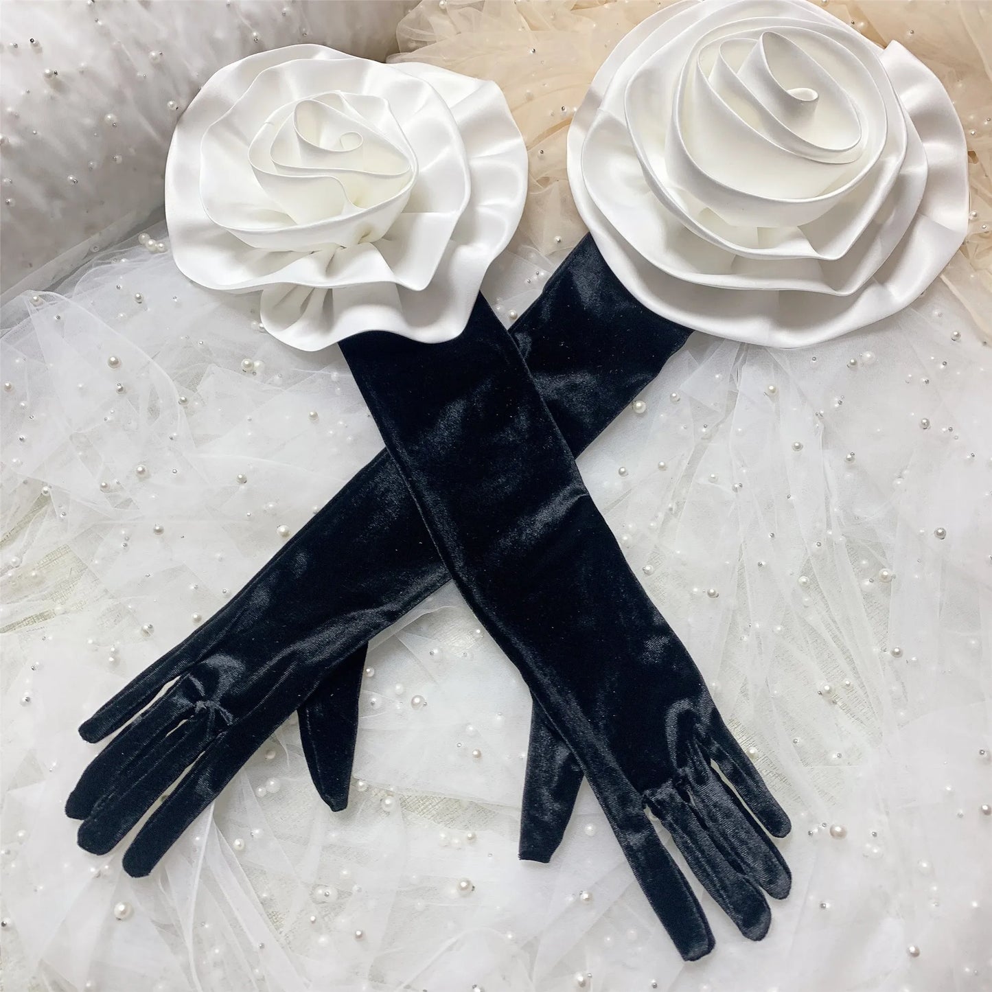 Women's Elegant White Flower Long Black Velvet Glove Female Spring Autumn Vintage Driving Photograph Performance Glove R1690