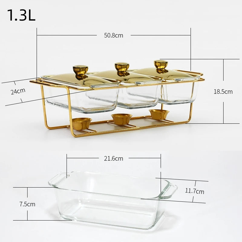 3 Grids 1.3/1.5L Luxury Glass Chafing Dish Hotel Serving Dish Gold Buffet Food Warmer Food Warmer Chafing Dishes Wedding Party