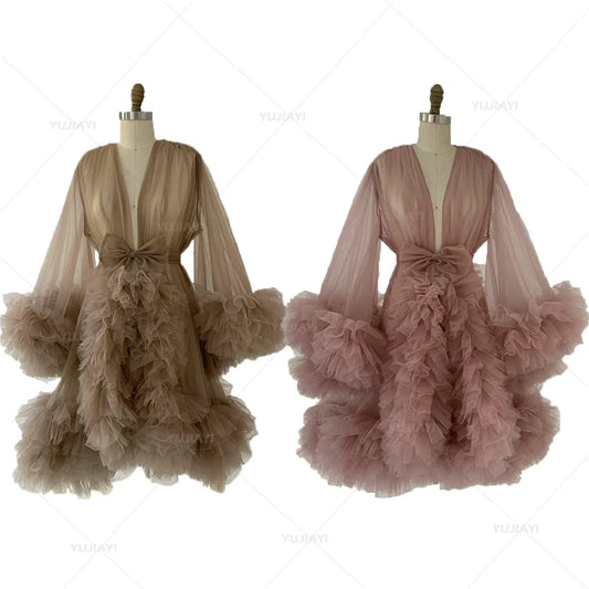 Ladies Dressing Gown Perspective Sheer Short Tulle Robe Puffy Pregnancy Maternity Dress Women Nightgown Sleepwear for Photoshoot