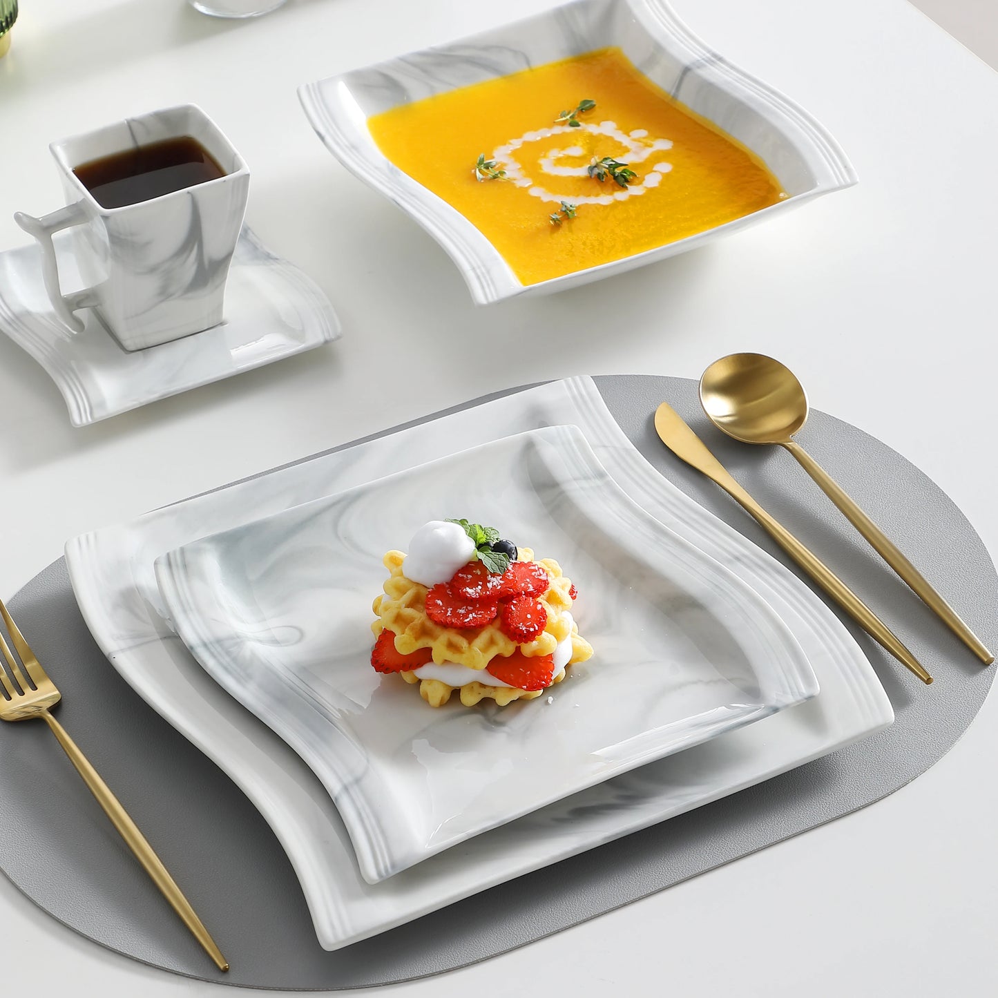 MALACASA FLORA 2/6/12/18/26/30 Piece Grey Marble porcelain Dinner Set with Cup,Saucer,Dessert Soup Dinner Plate Tableware Set