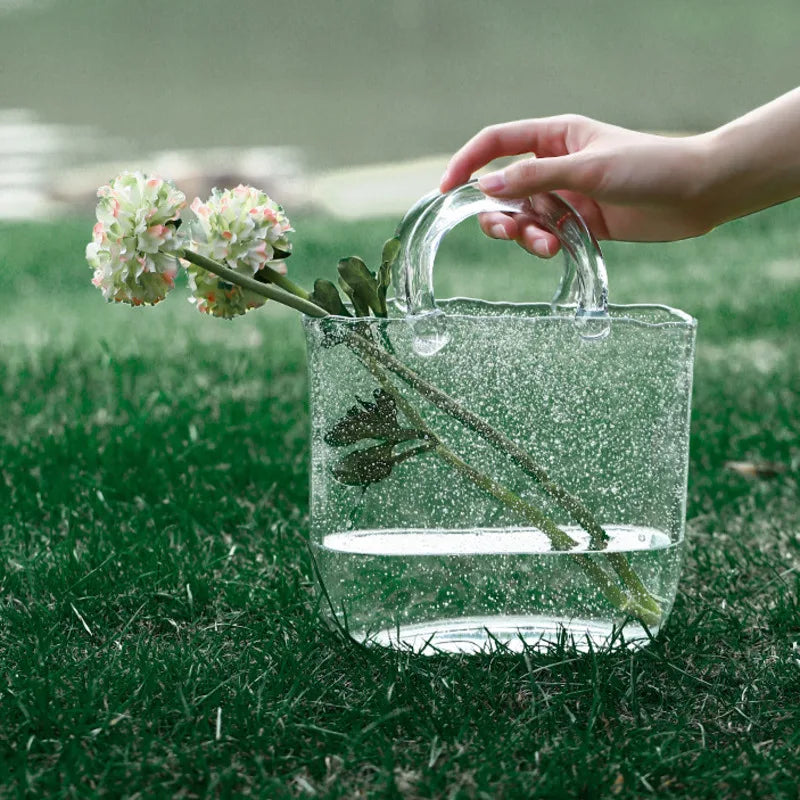 Nordic Luxury Glass Hand Bag Vase Creative Shopping Basket Flower Vase Dried Flower Arrangement Vases Home Decor Ornaments