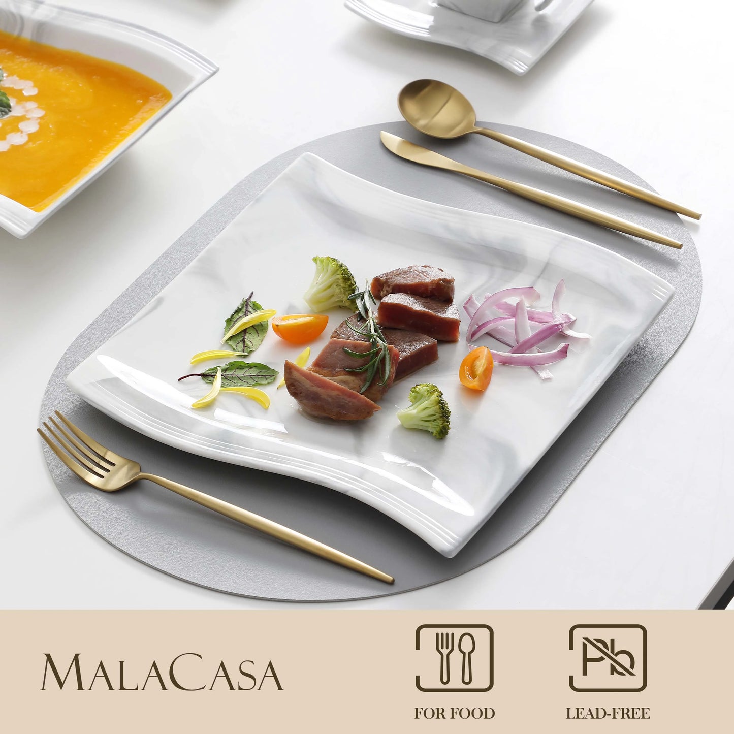 MALACASA FLORA 2/6/12/18/26/30 Piece Grey Marble porcelain Dinner Set with Cup,Saucer,Dessert Soup Dinner Plate Tableware Set