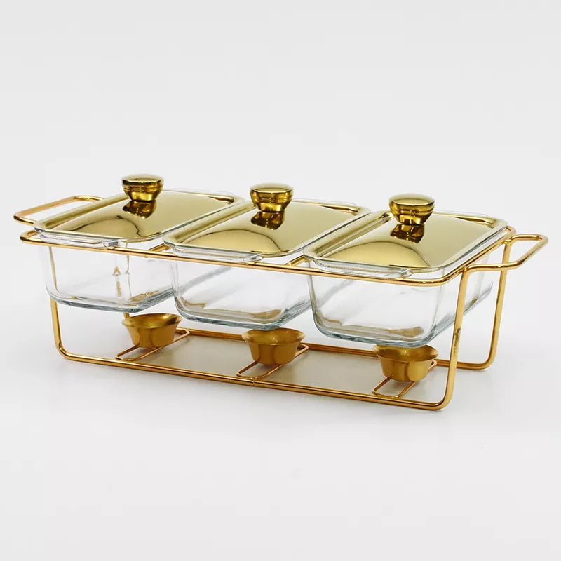 3 Grids 1.3/1.5L Luxury Glass Chafing Dish Hotel Serving Dish Gold Buffet Food Warmer Food Warmer Chafing Dishes Wedding Party