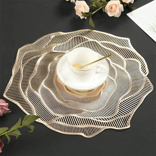 Gold Hollow Dining Pad Heat Insulation PVC Round FlowerTable Mat for Home Tea Coffee Dish Coaster Placemat Desktop Decoration