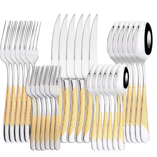 AJOYOUS 30Pcs Dinnerware Set Steak Knives Fork Tea Spoon Cutlery Set Stainless Steel Western Flatware Kitchen Tableware