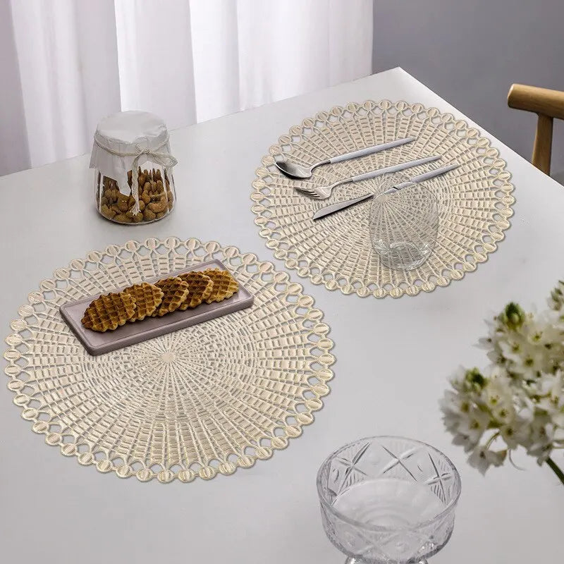 Gold Hollow Dining Pad Heat Insulation PVC Round FlowerTable Mat for Home Tea Coffee Dish Coaster Placemat Desktop Decoration