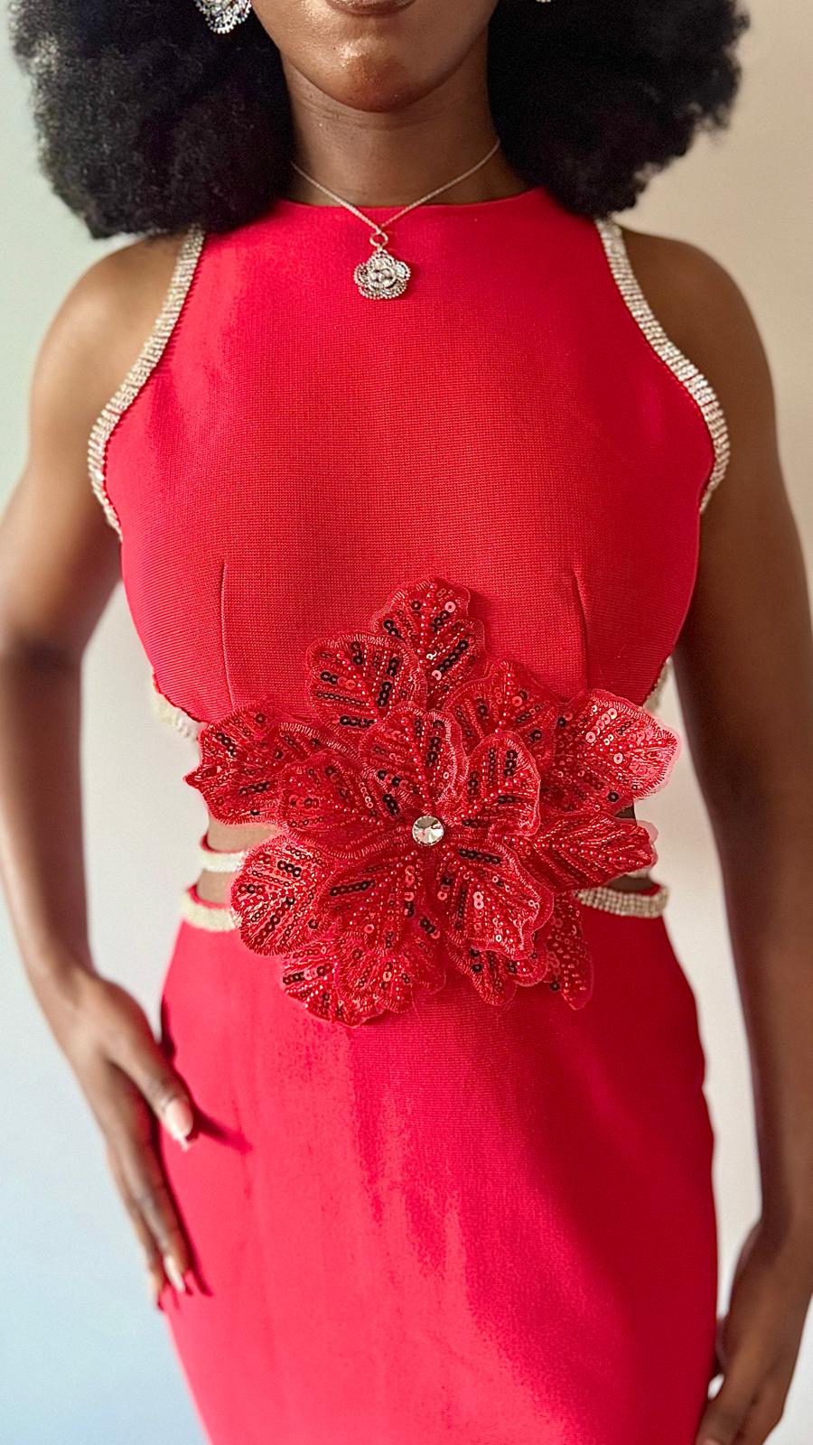 Elegant Red Flower Cutout Dress